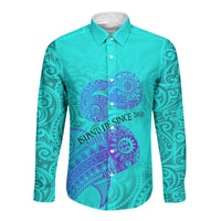 Personalized Polynesian 60th Birthday Island Life Since 1966 Long Sleeve Button Shirt Vibrant Tribal Tattoo Ocean Sunset Pattern TS04 Unisex Blue Purple - Polynesian Pride