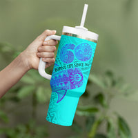 Personalized Polynesian 60th Birthday Island Life Since 1966 Tumbler With Handle Vibrant Tribal Tattoo Ocean Sunset Pattern TS04 - Polynesian Pride