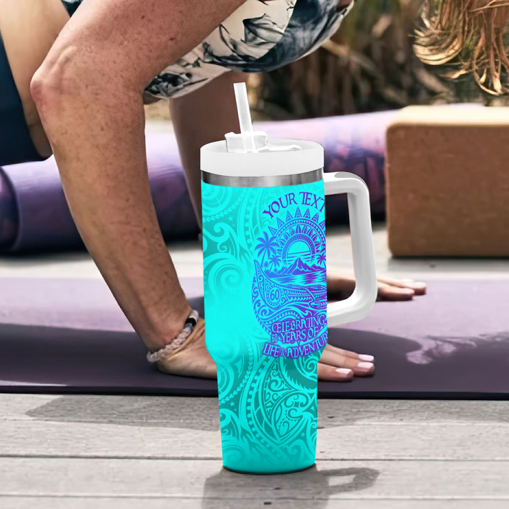 Personalized Polynesian 60th Birthday Island Life Since 1966 Tumbler With Handle Vibrant Tribal Tattoo Ocean Sunset Pattern TS04 - Polynesian Pride