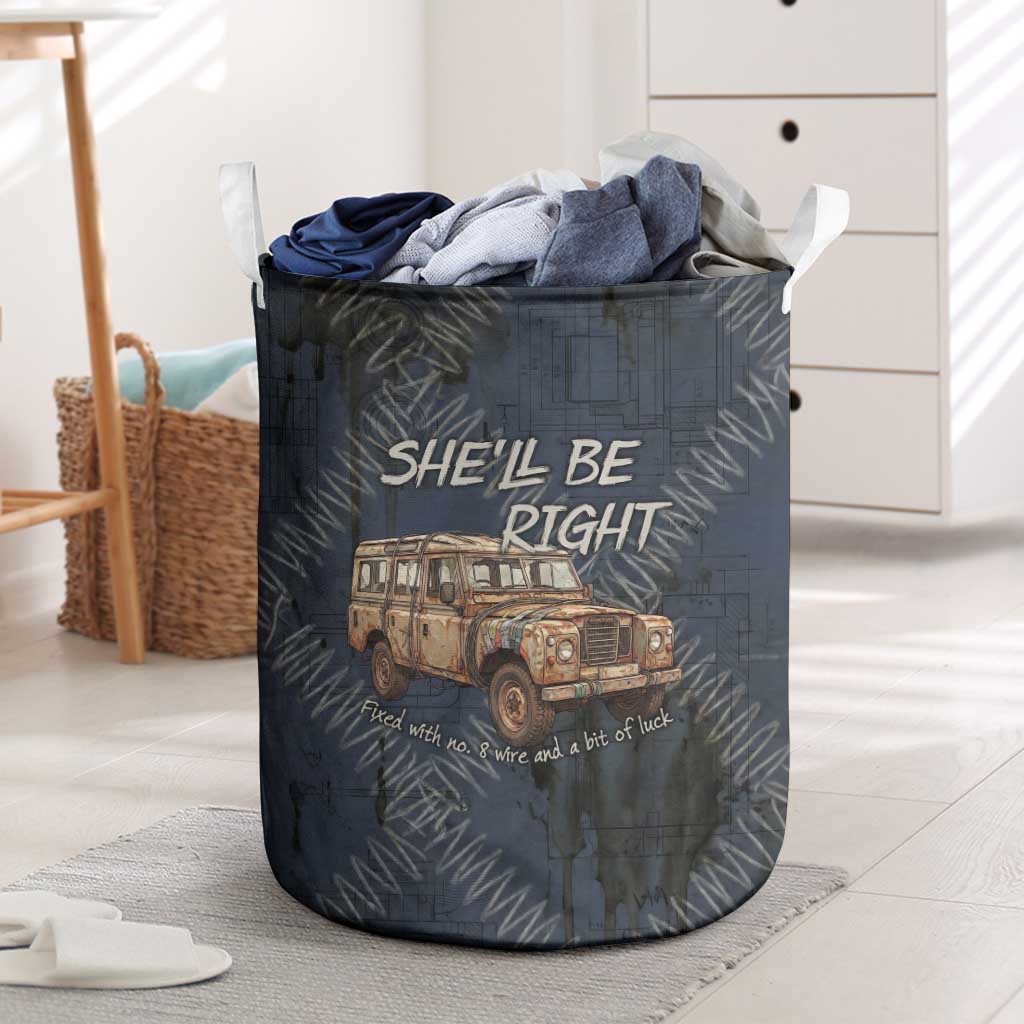 New Zealand She’ll Be Right Laundry Basket NZ Slang No. 8 Wire Map Pattern TS04 Navy Slate - Polynesian Pride