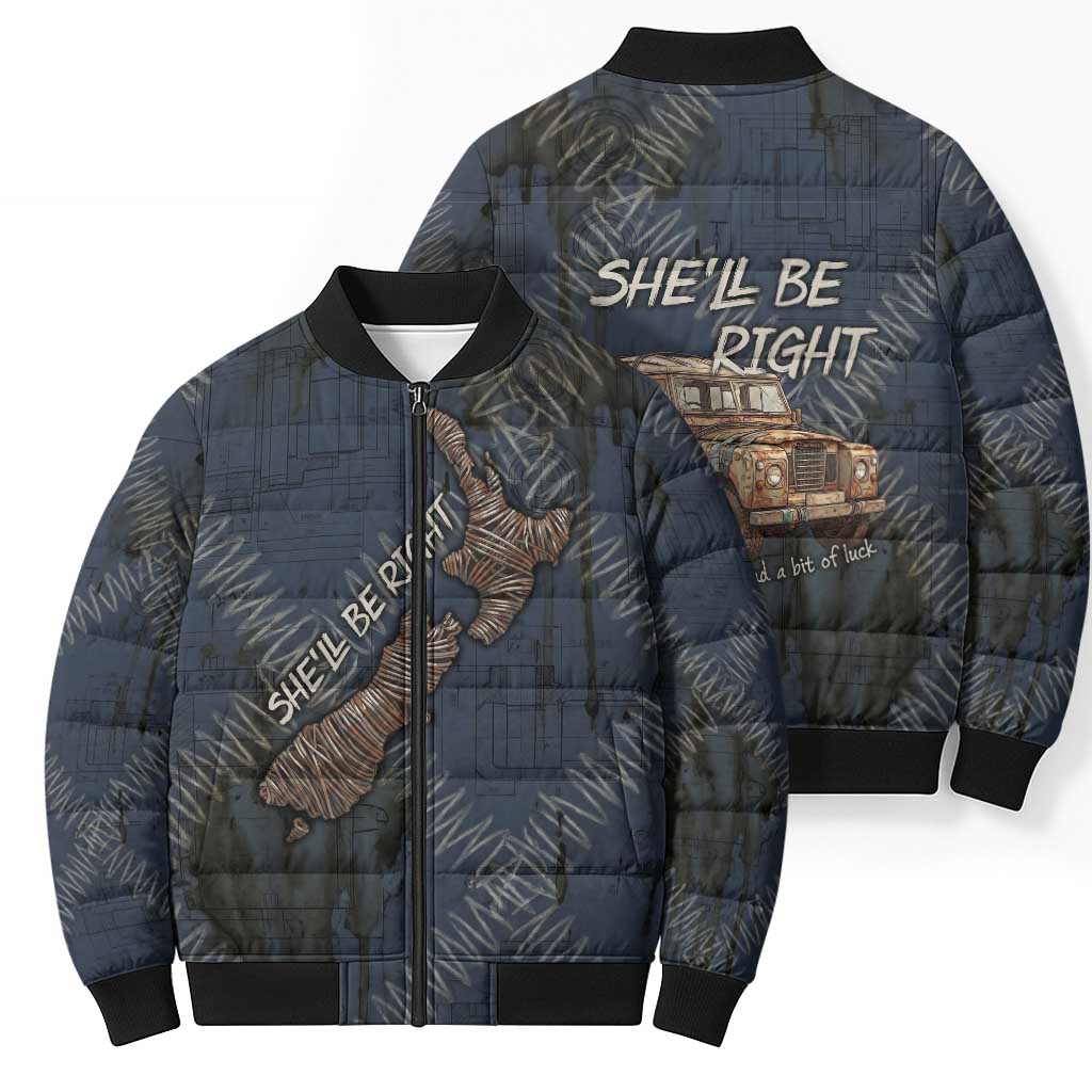 New Zealand She’ll Be Right Bomber Puffer Jacket NZ Slang No. 8 Wire Map Pattern TS04 - Polynesian Pride