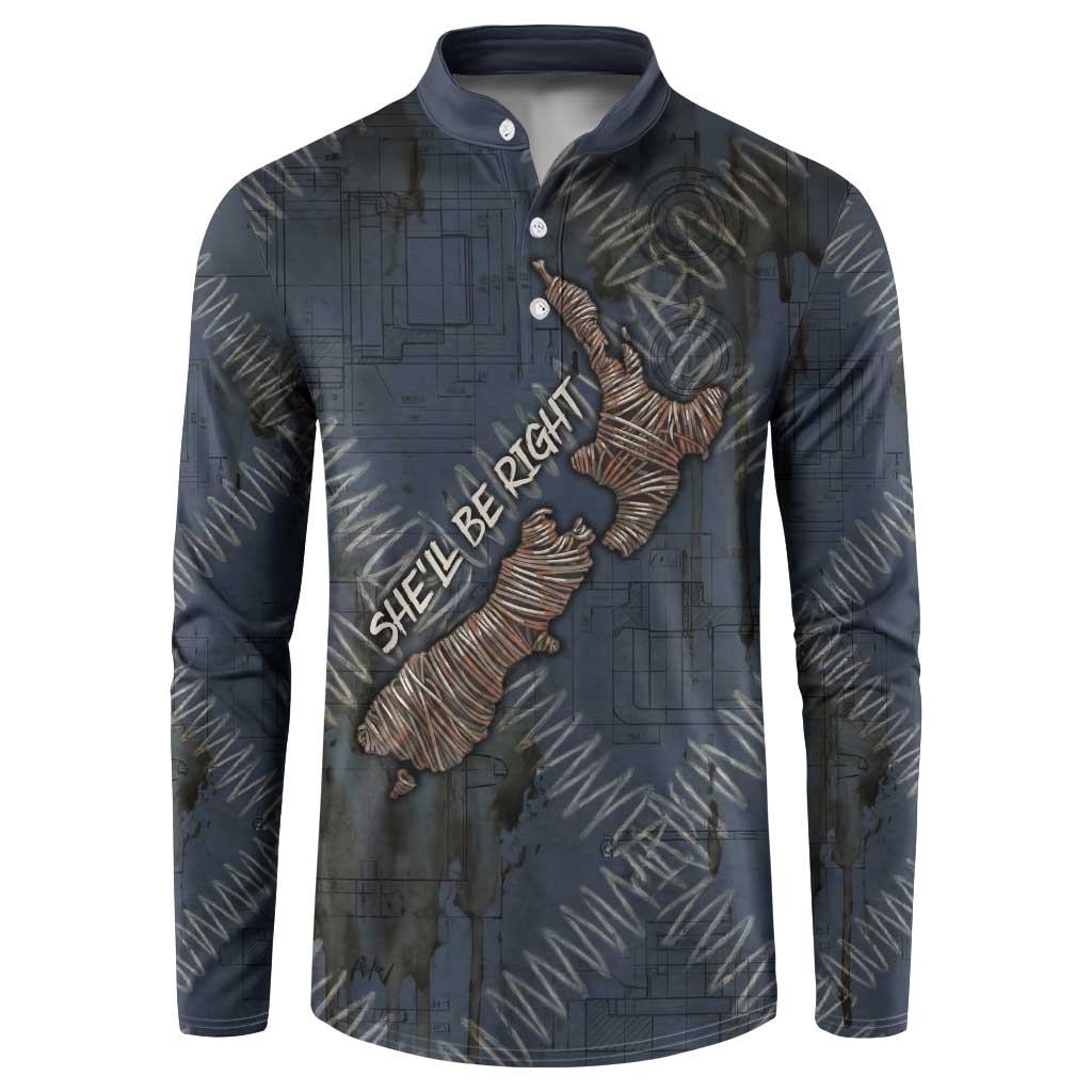 New Zealand She’ll Be Right Button Sweatshirt NZ Slang No. 8 Wire Map Pattern TS04 Navy Slate - Polynesian Pride