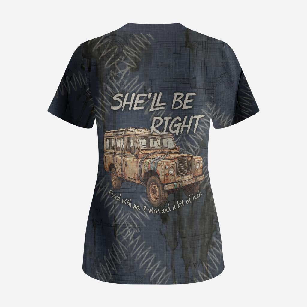 New Zealand She’ll Be Right Scrub Top NZ Slang No. 8 Wire Map Pattern TS04 - Polynesian Pride