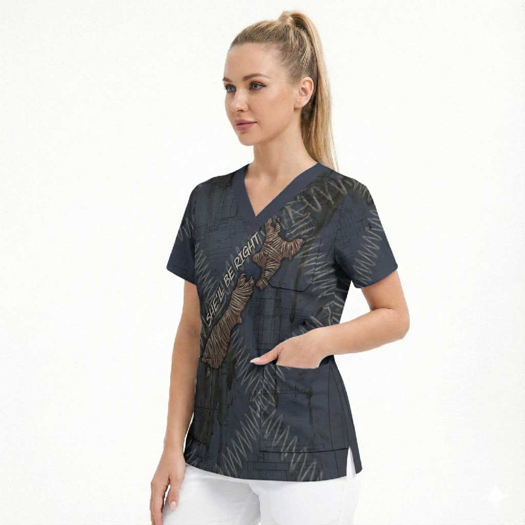 New Zealand She’ll Be Right Scrub Top NZ Slang No. 8 Wire Map Pattern TS04 - Polynesian Pride