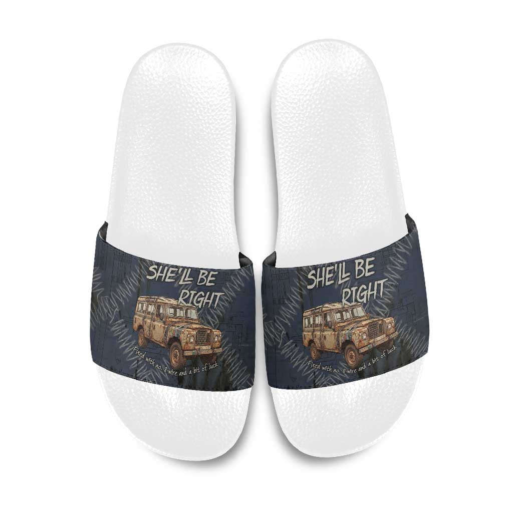 New Zealand She’ll Be Right Slide Sandals NZ Slang No. 8 Wire Map Pattern TS04 Navy Slate - Polynesian Pride
