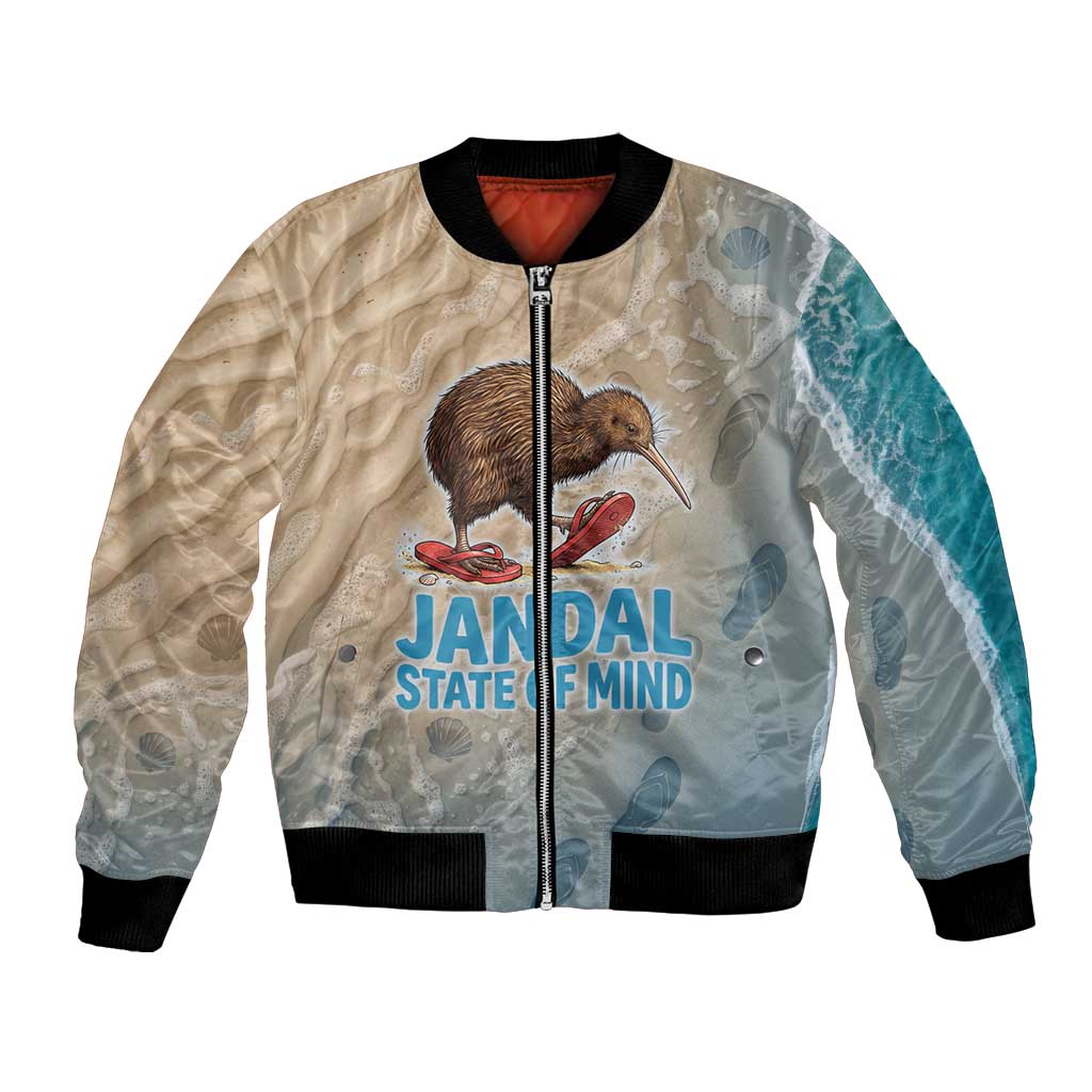 Kiwi Jandal Beach Life Bomber Jacket New Zealand Flip Flops Ocean Wave Surf Style TS04 Unisex Beige Cyan - Polynesian Pride