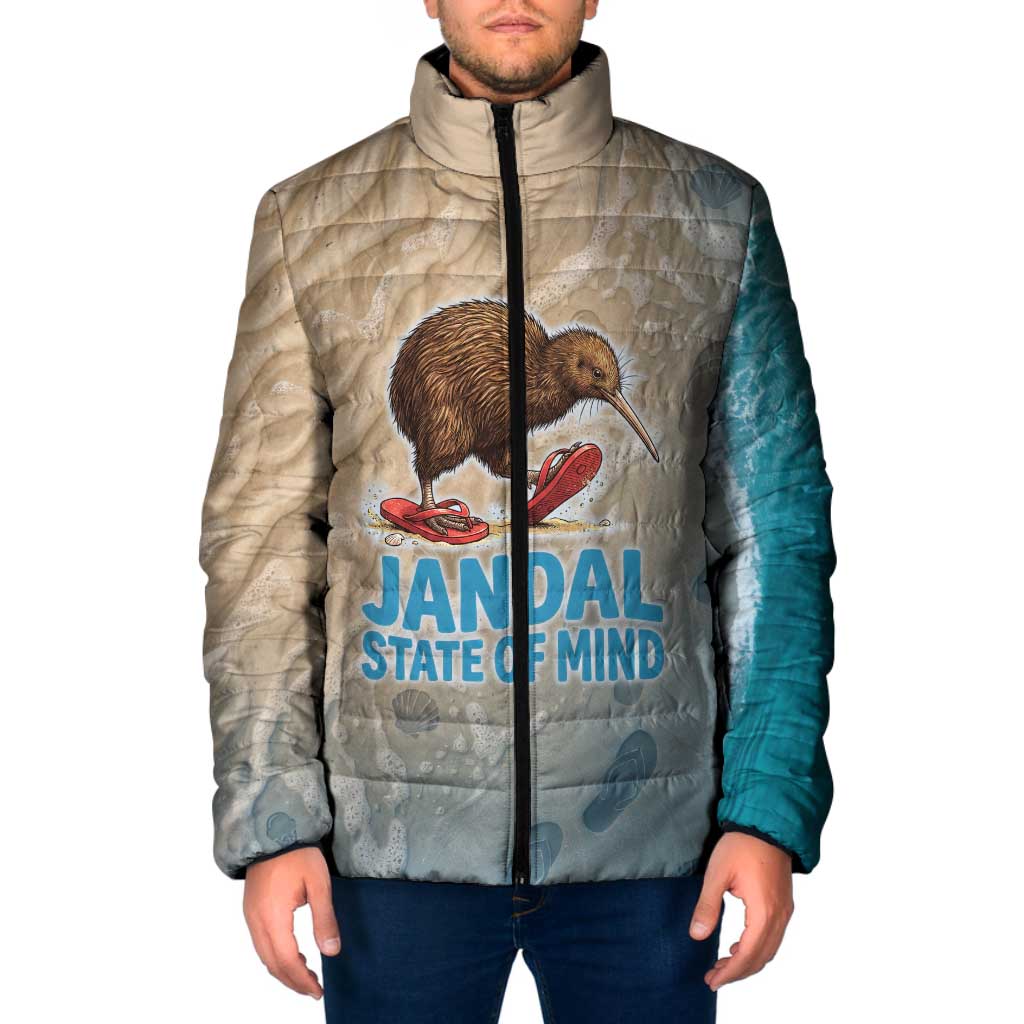 Kiwi Jandal Beach Life Padded Jacket New Zealand Flip Flops Ocean Wave Surf Style TS04 Men Beige Cyan - Polynesian Pride