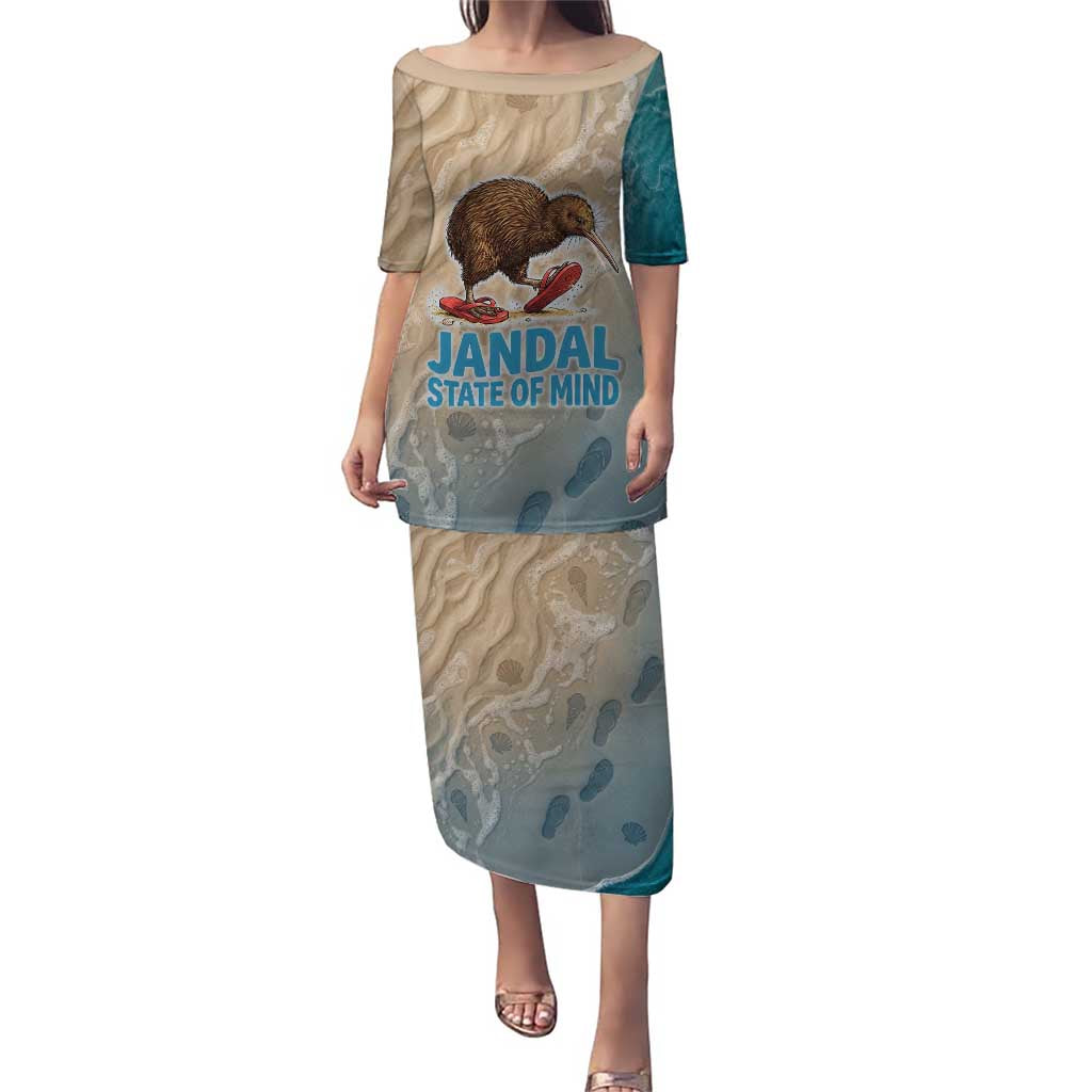 Kiwi Jandal Beach Life Puletasi New Zealand Flip Flops Ocean Wave Surf Style TS04 Long Dress Beige Cyan - Polynesian Pride