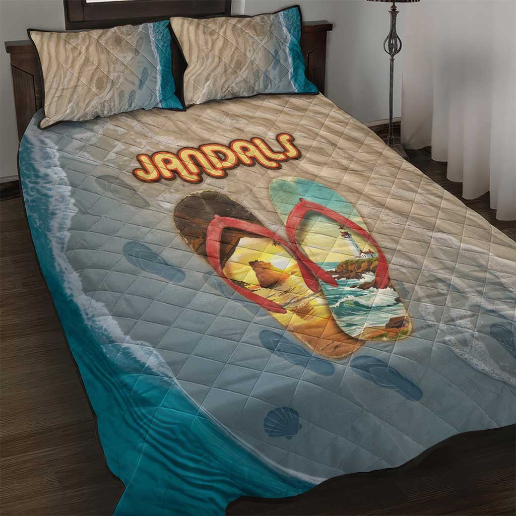 Kiwi Jandal Beach Life Quilt Bed Set New Zealand Flip Flops Ocean Wave Surf Style TS04 Beige Cyan - Polynesian Pride