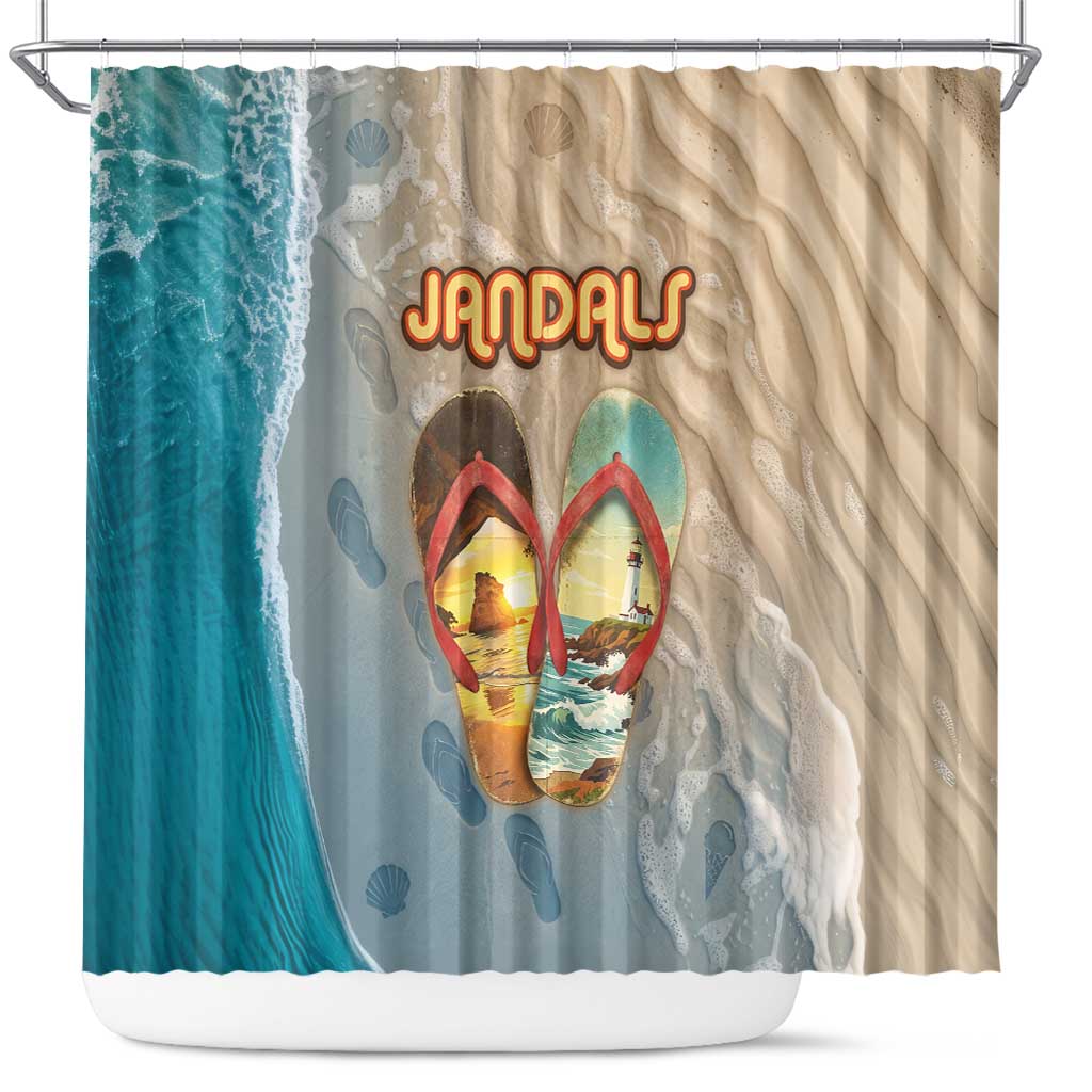 Kiwi Jandal Beach Life Shower Curtain New Zealand Flip Flops Ocean Wave Surf Style TS04 Beige Cyan - Polynesian Pride