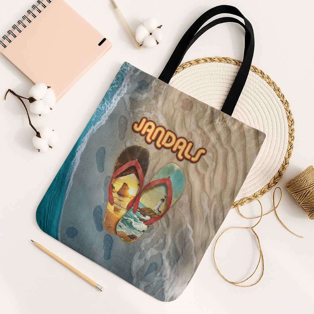 Kiwi Jandal Beach Life Tote Bag New Zealand Flip Flops Ocean Wave Surf Style TS04 Black Strap One Size Beige Cyan - Polynesian Pride