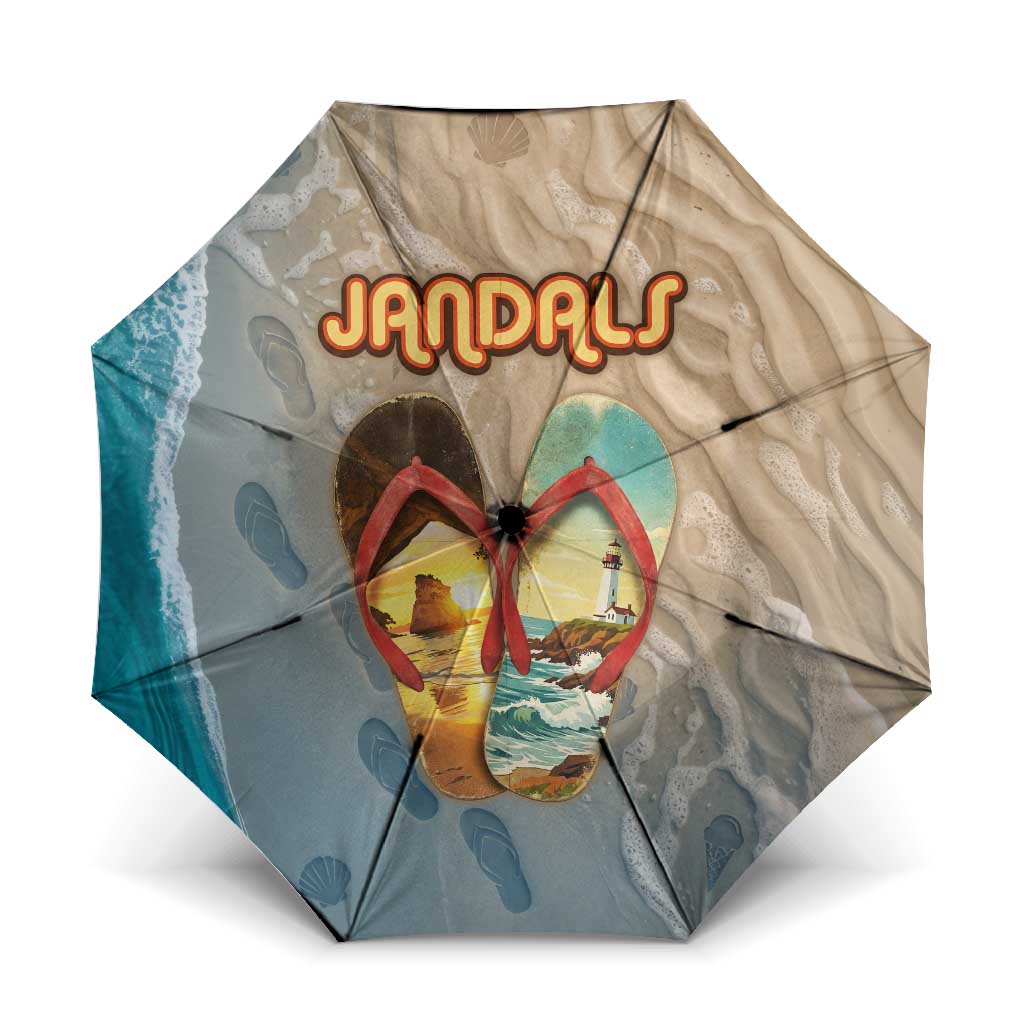 Kiwi Jandal Beach Life Umbrella New Zealand Flip Flops Ocean Wave Surf Style TS04 One Size Folded 11.42 inch Opened Diameter 37.4 inch Beige Cyan - Polynesian Pride
