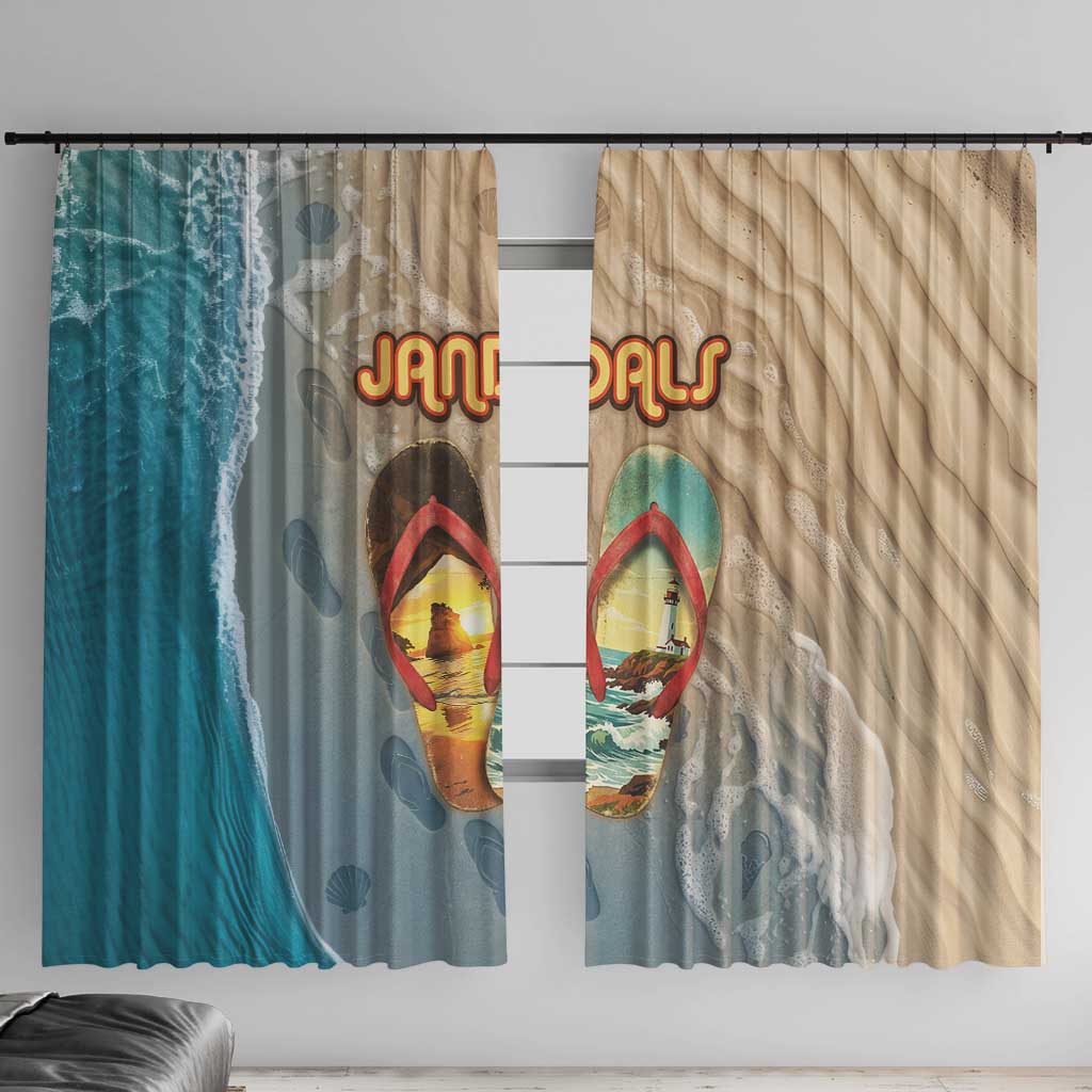 Kiwi Jandal Beach Life Window Curtain New Zealand Flip Flops Ocean Wave Surf Style TS04 With Hooks Beige Cyan - Polynesian Pride