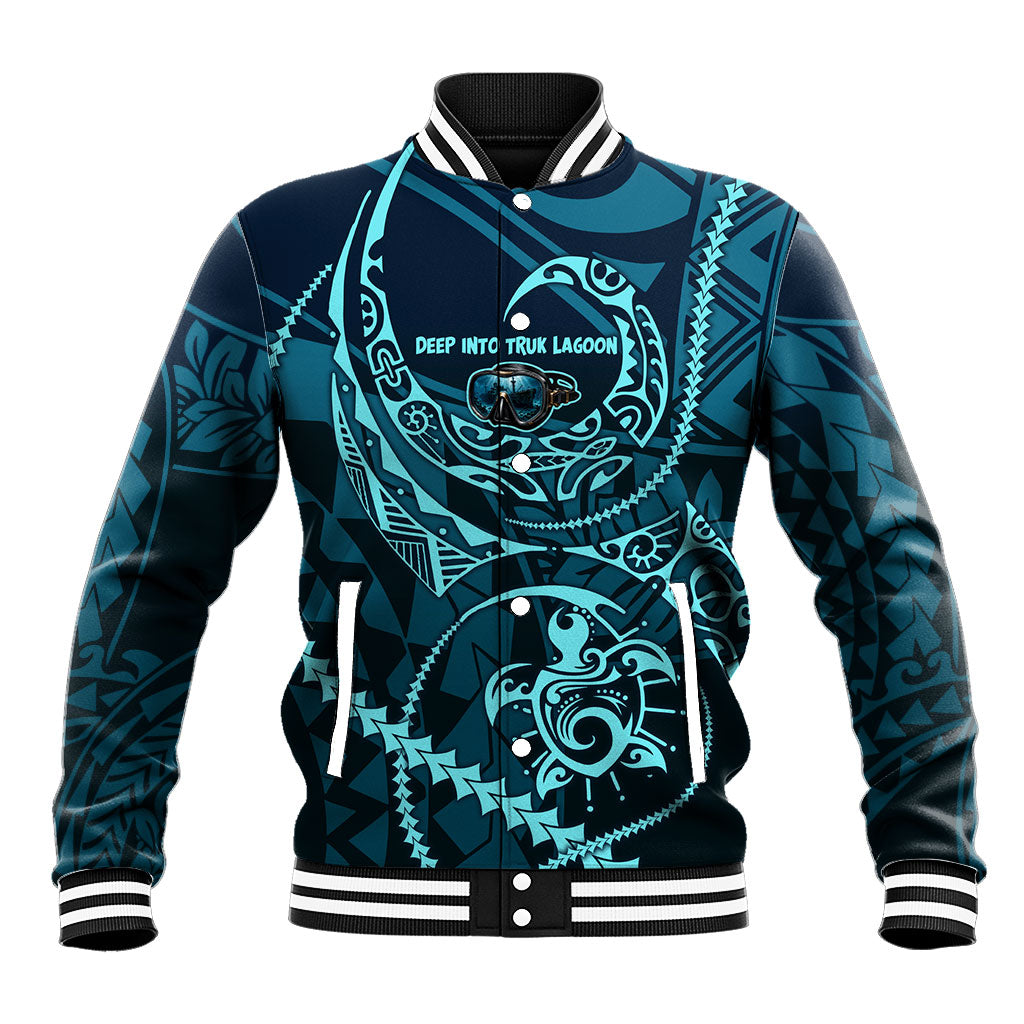 Chuuk Deep Into Truk Lagoon Baseball Jacket Polynesian Tribal Pattern Wreck Diving Teal Ship Art TS04 Unisex Blue Black - Polynesian Pride