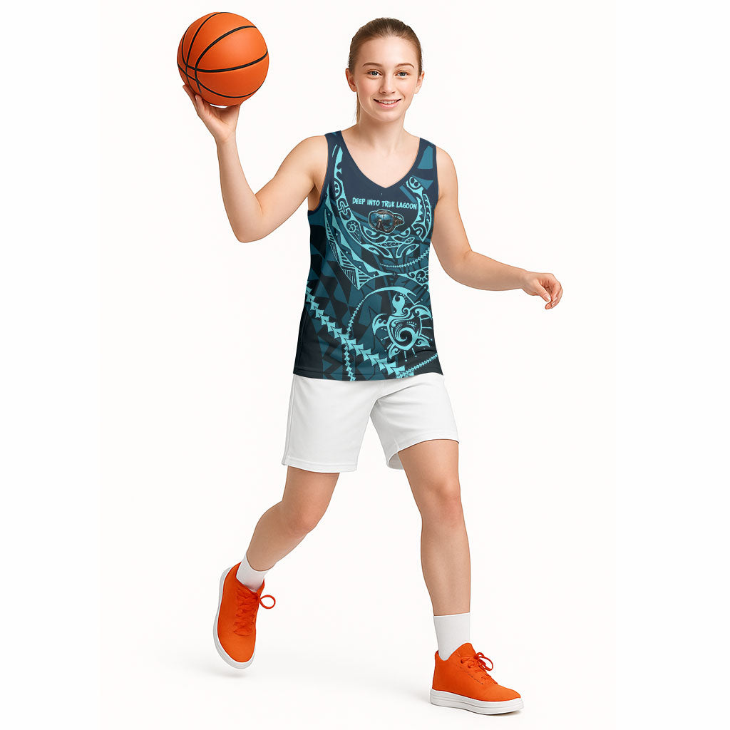 Chuuk Deep Into Truk Lagoon Basketball Jersey Polynesian Tribal Pattern Wreck Diving Teal Ship Art TS04 - Polynesian Pride