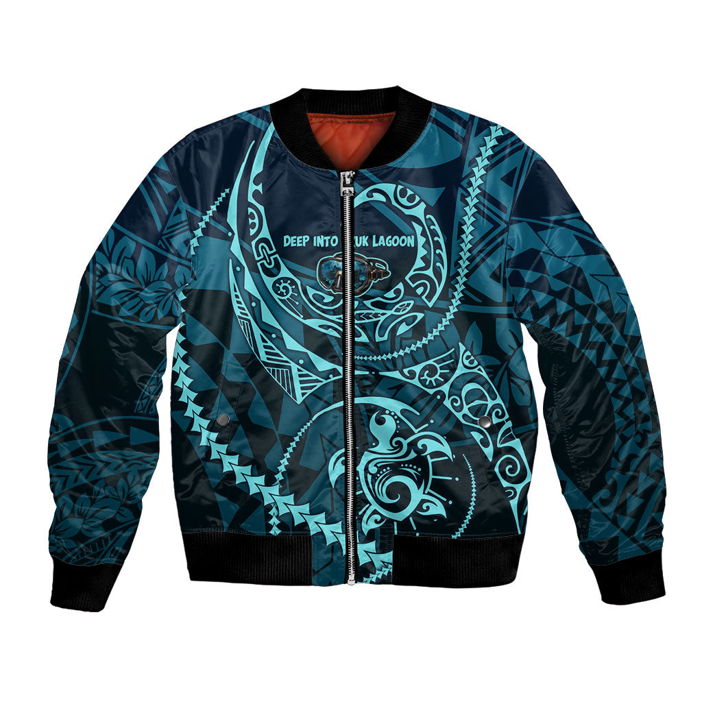 Chuuk Deep Into Truk Lagoon Bomber Jacket Polynesian Tribal Pattern Wreck Diving Teal Ship Art TS04 Unisex Blue Black - Polynesian Pride