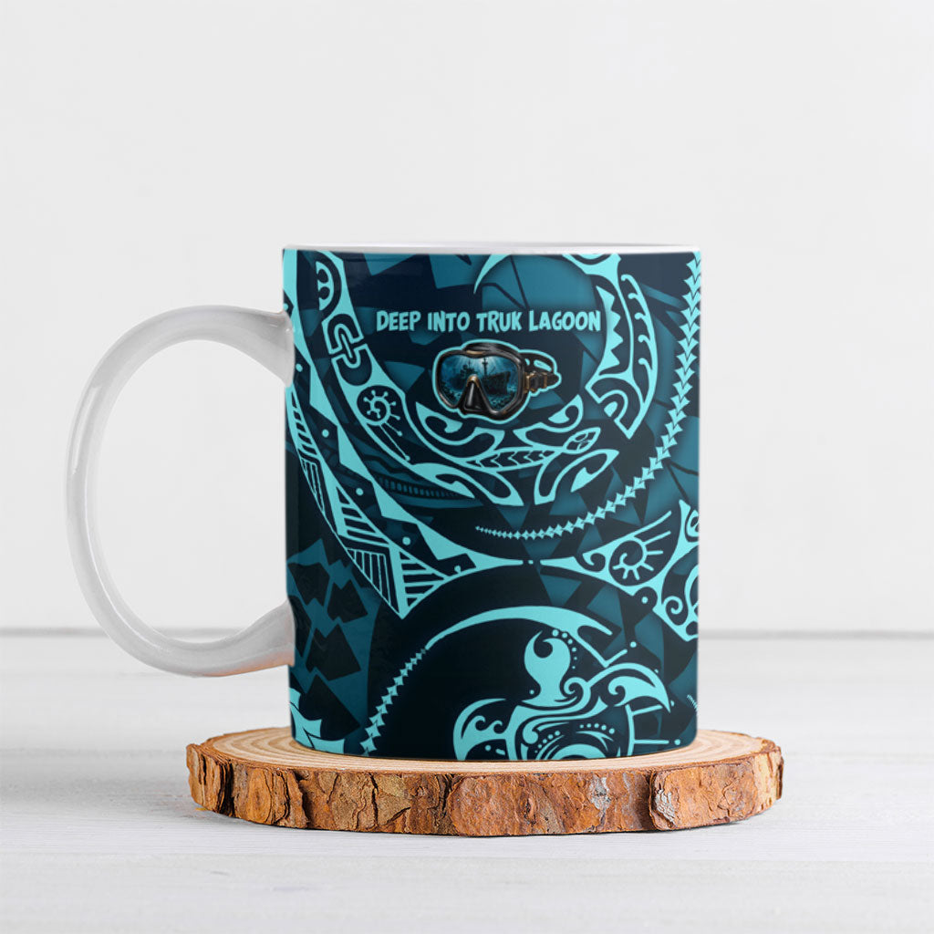 Chuuk Deep Into Truk Lagoon Ceramic Mug Polynesian Tribal Pattern Wreck Diving Teal Ship Art TS04 Blue Black - Polynesian Pride