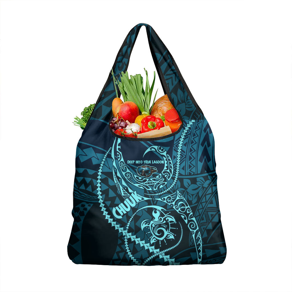 Chuuk Deep Into Truk Lagoon Grocery Bag Polynesian Tribal Pattern Wreck Diving Teal Ship Art TS04 1-pack One Size Blue Black - Polynesian Pride
