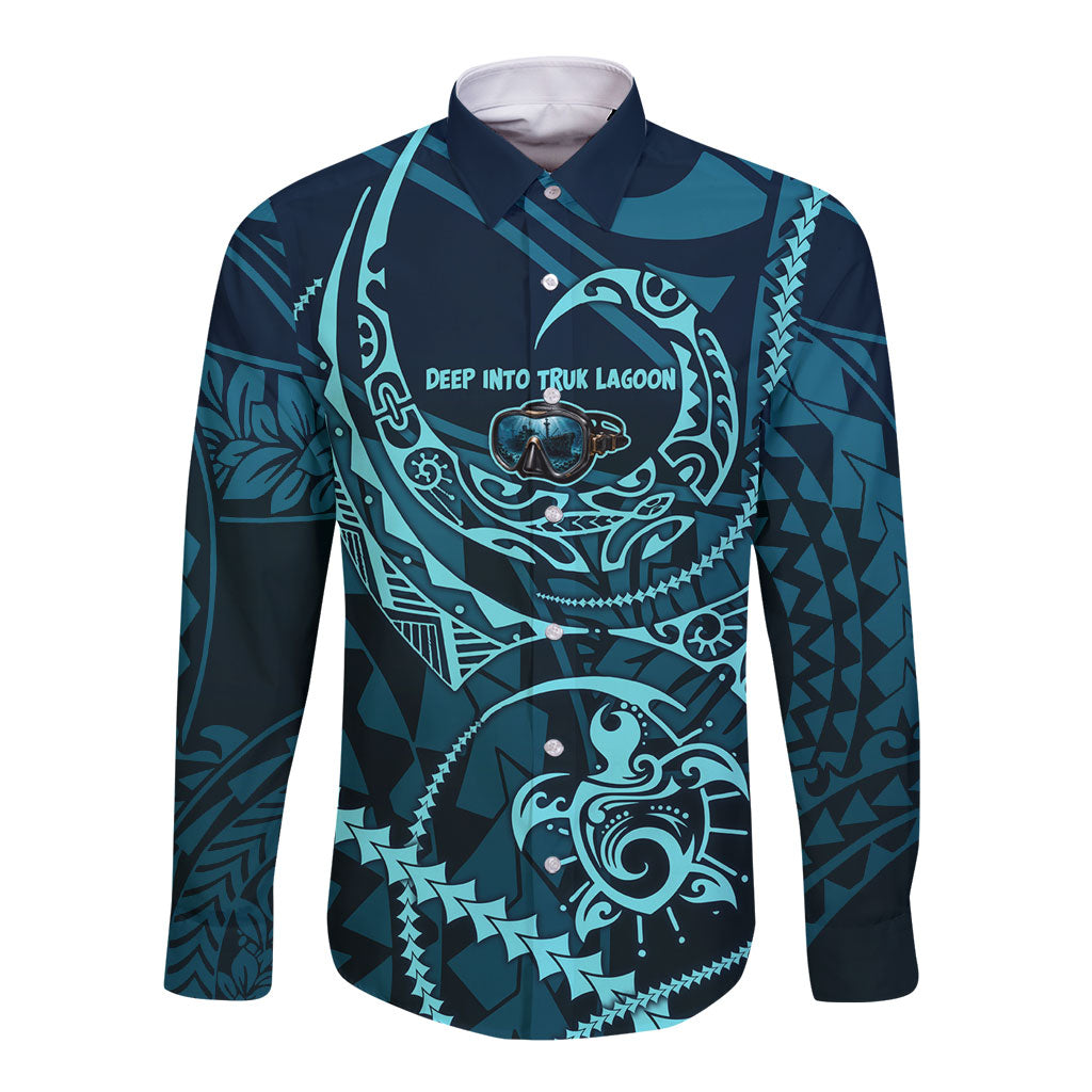 Chuuk Deep Into Truk Lagoon Long Sleeve Button Shirt Polynesian Tribal Pattern Wreck Diving Teal Ship Art TS04 Unisex Blue Black - Polynesian Pride