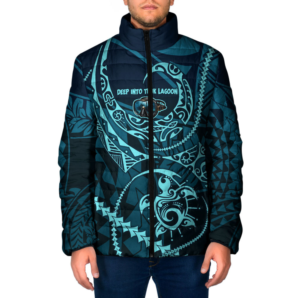 Chuuk Deep Into Truk Lagoon Padded Jacket Polynesian Tribal Pattern Wreck Diving Teal Ship Art TS04 Men Blue Black - Polynesian Pride