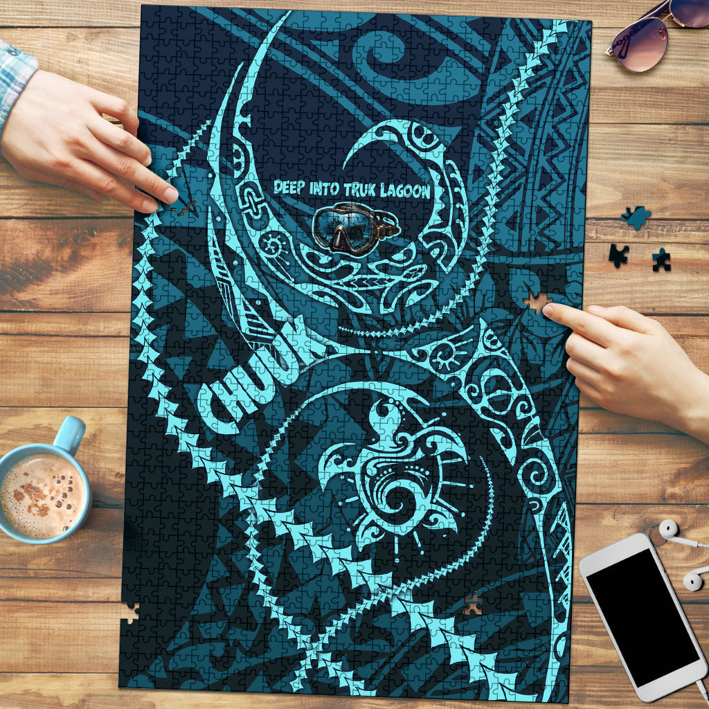 Chuuk Deep Into Truk Lagoon Puzzle Polynesian Tribal Pattern Wreck Diving Teal Ship Art TS04 Blue Black - Polynesian Pride