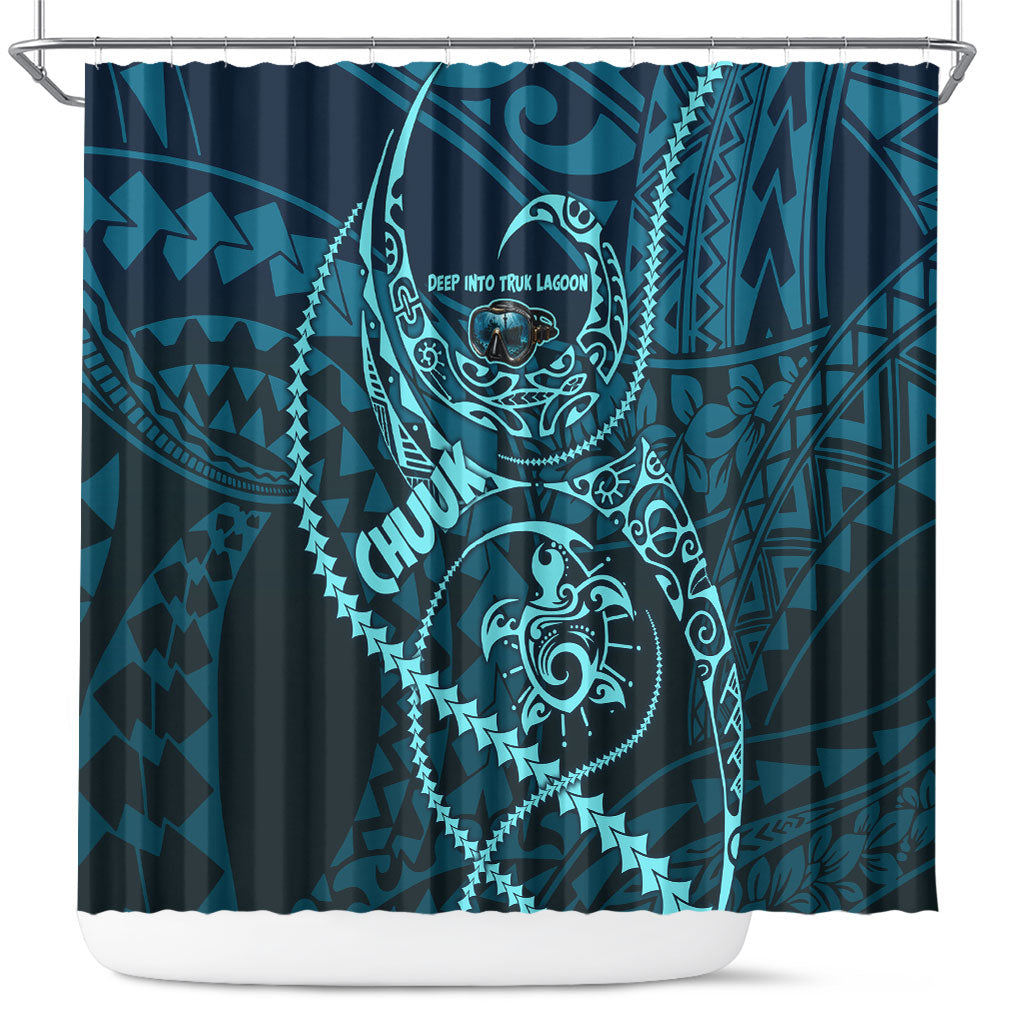 Chuuk Deep Into Truk Lagoon Shower Curtain Polynesian Tribal Pattern Wreck Diving Teal Ship Art TS04 Blue Black - Polynesian Pride