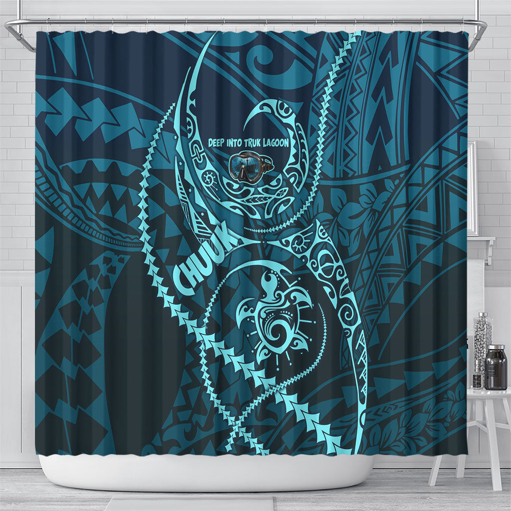 Chuuk Deep Into Truk Lagoon Shower Curtain Polynesian Tribal Pattern Wreck Diving Teal Ship Art TS04 - Polynesian Pride