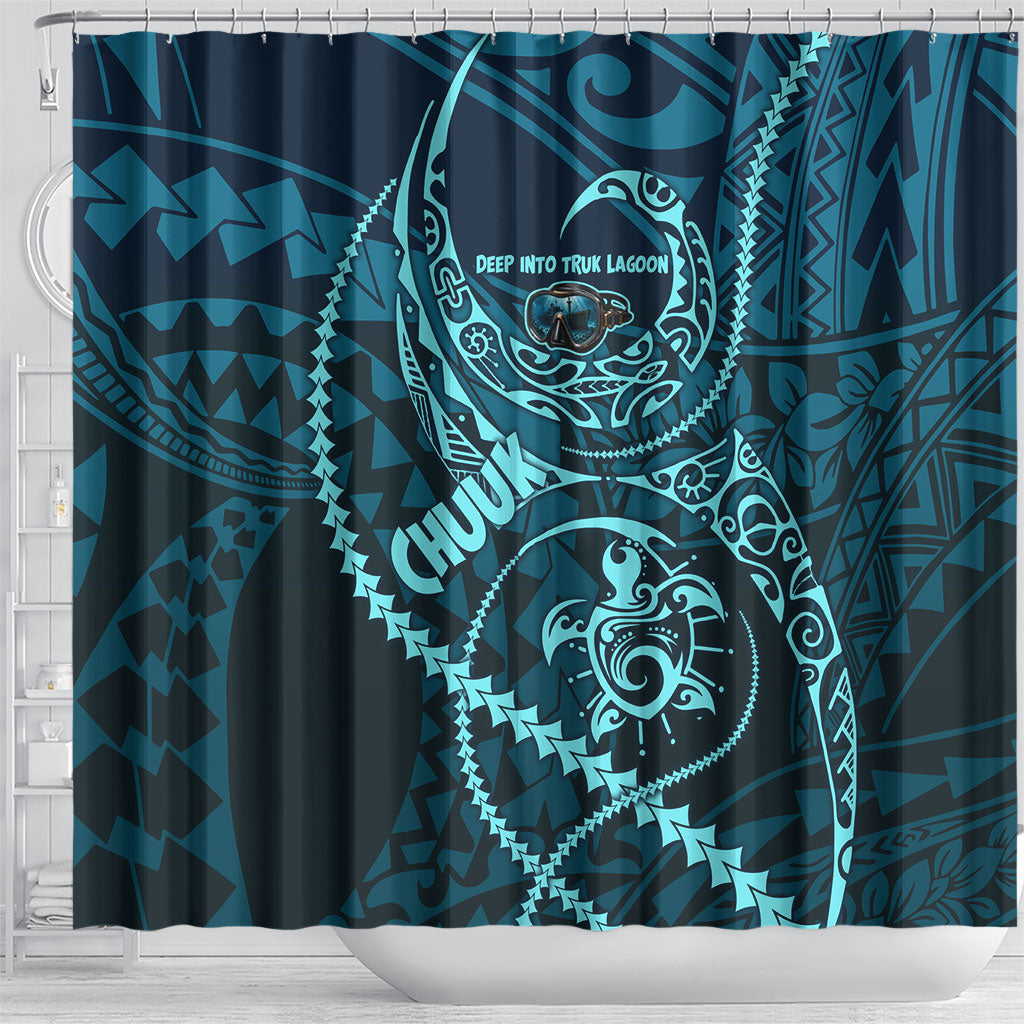 Chuuk Deep Into Truk Lagoon Shower Curtain Polynesian Tribal Pattern Wreck Diving Teal Ship Art TS04 - Polynesian Pride