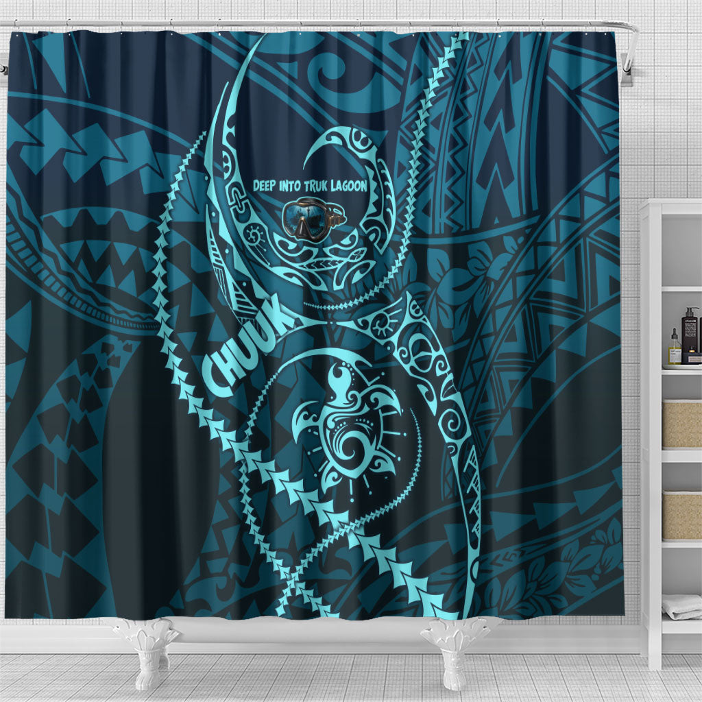 Chuuk Deep Into Truk Lagoon Shower Curtain Polynesian Tribal Pattern Wreck Diving Teal Ship Art TS04 - Polynesian Pride