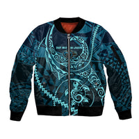 Chuuk Deep Into Truk Lagoon Sleeve Zip Bomber Jacket Polynesian Tribal Pattern Wreck Diving Teal Ship Art TS04 Unisex Blue Black - Polynesian Pride