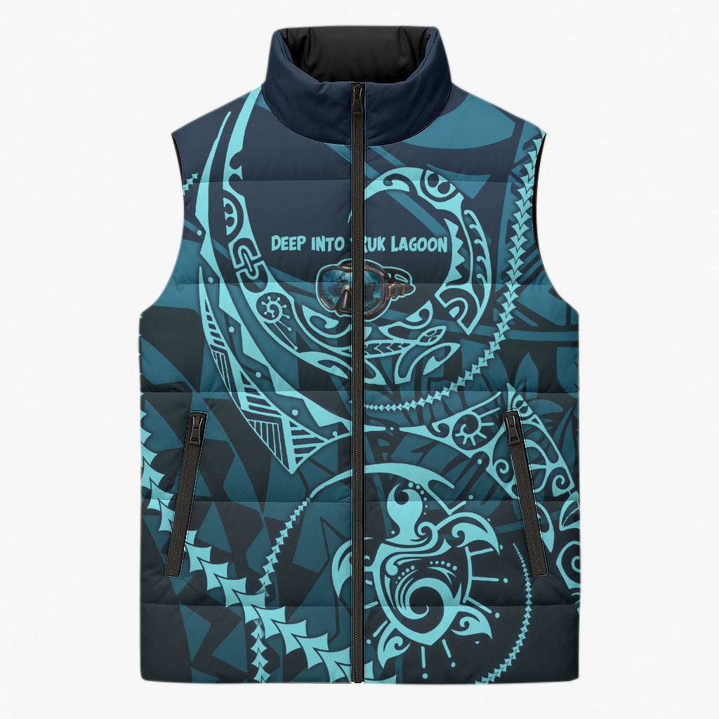 Chuuk Deep Into Truk Lagoon Sleeveless Puffer Jacket Polynesian Tribal Pattern Wreck Diving Teal Ship Art TS04 Unisex Blue Black - Polynesian Pride