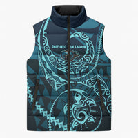 Chuuk Deep Into Truk Lagoon Sleeveless Puffer Jacket Polynesian Tribal Pattern Wreck Diving Teal Ship Art TS04 Unisex Blue Black - Polynesian Pride