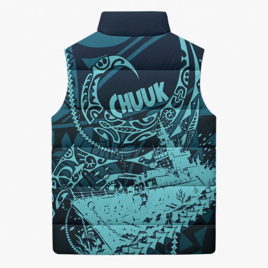 Chuuk Deep Into Truk Lagoon Sleeveless Puffer Jacket Polynesian Tribal Pattern Wreck Diving Teal Ship Art TS04 - Polynesian Pride