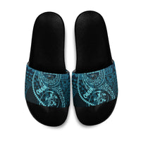 Chuuk Deep Into Truk Lagoon Slide Sandals Polynesian Tribal Pattern Wreck Diving Teal Ship Art TS04 Blue Black - Polynesian Pride