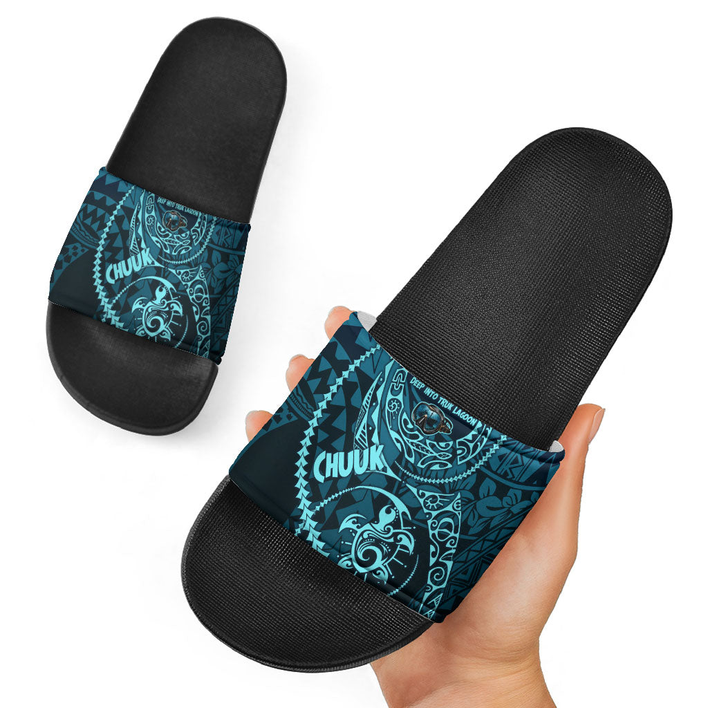 Chuuk Deep Into Truk Lagoon Slide Sandals Polynesian Tribal Pattern Wreck Diving Teal Ship Art TS04 - Polynesian Pride