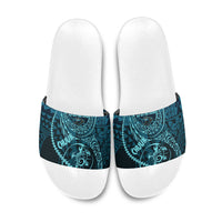 Chuuk Deep Into Truk Lagoon Slide Sandals Polynesian Tribal Pattern Wreck Diving Teal Ship Art TS04 Blue Black - Polynesian Pride