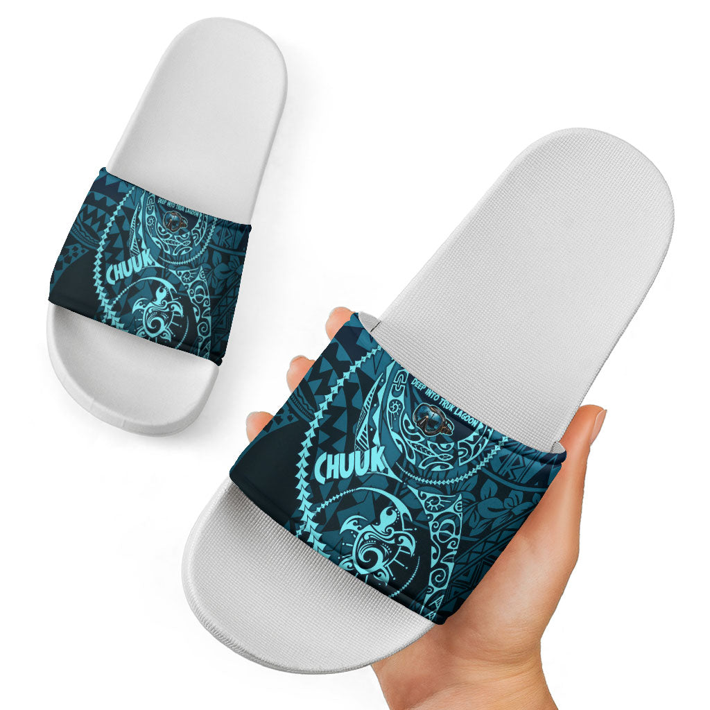 Chuuk Deep Into Truk Lagoon Slide Sandals Polynesian Tribal Pattern Wreck Diving Teal Ship Art TS04 - Polynesian Pride