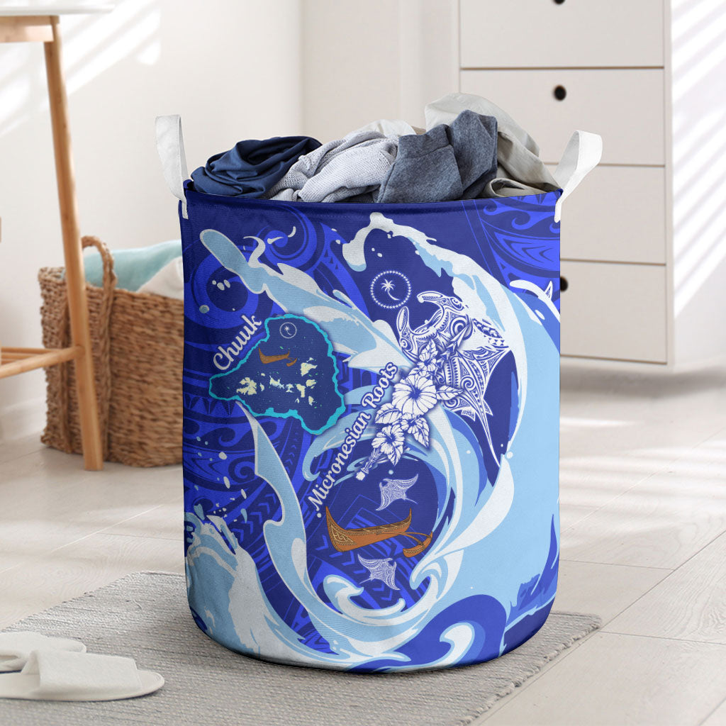 Chuuk Micronesian Roots Laundry Basket Polynesian Tribal Pattern Hibiscus Flower And Stingray Art TS04 Blue White - Polynesian Pride