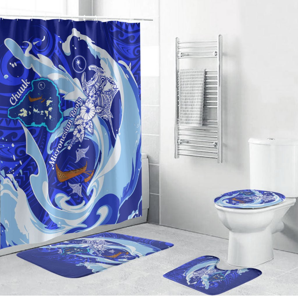 Chuuk Micronesian Roots Bathroom Set Polynesian Tribal Pattern Hibiscus Flower And Stingray Art TS04 Bathroom Set (4 pcs) Blue White - Polynesian Pride