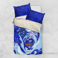 Chuuk Micronesian Roots Bedding Set Polynesian Tribal Pattern Hibiscus Flower And Stingray Art TS04 US Twin 172cm x 218cm Blue White - Polynesian Pride