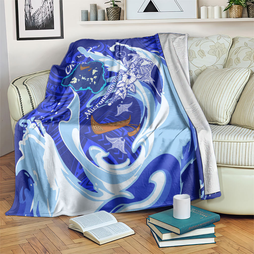 Chuuk Micronesian Roots Blanket Polynesian Tribal Pattern Hibiscus Flower And Stingray Art TS04 Blue White - Polynesian Pride