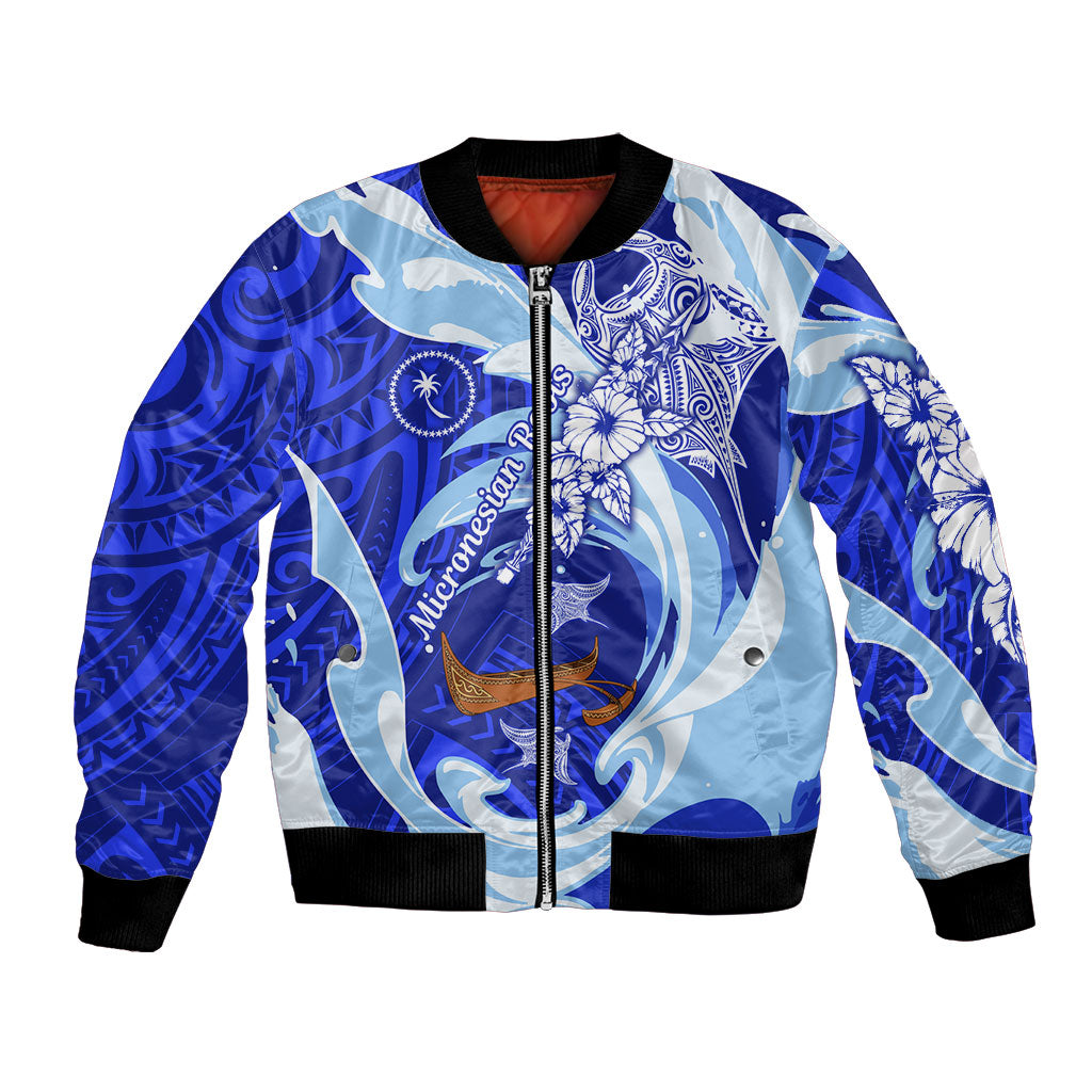 Chuuk Micronesian Roots Bomber Jacket Polynesian Tribal Pattern Hibiscus Flower And Stingray Art TS04 Unisex Blue White - Polynesian Pride