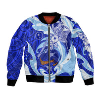 Chuuk Micronesian Roots Bomber Jacket Polynesian Tribal Pattern Hibiscus Flower And Stingray Art TS04 Unisex Blue White - Polynesian Pride
