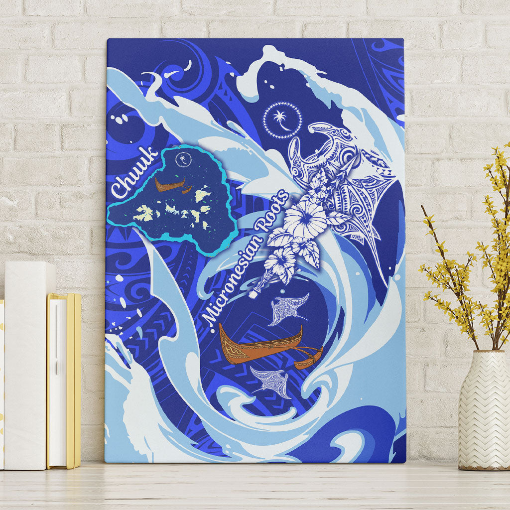 Chuuk Micronesian Roots Canvas Wall Art Polynesian Tribal Pattern Hibiscus Flower And Stingray Art TS04 Without Frame Blue White - Polynesian Pride