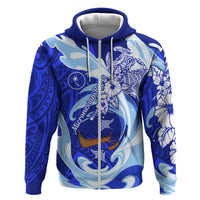 Chuuk Micronesian Roots Hoodie Polynesian Tribal Pattern Hibiscus Flower And Stingray Art TS04 Zip Hoodie Blue White - Polynesian Pride