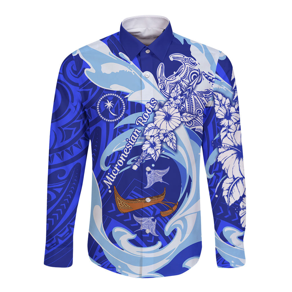 Chuuk Micronesian Roots Long Sleeve Button Shirt Polynesian Tribal Pattern Hibiscus Flower And Stingray Art TS04 Unisex Blue White - Polynesian Pride