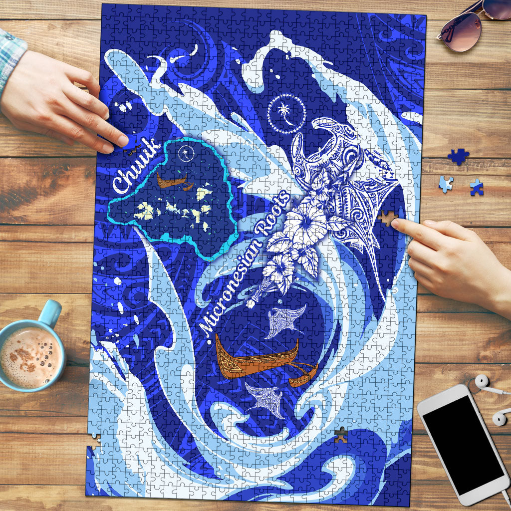 Chuuk Micronesian Roots Puzzle Polynesian Tribal Pattern Hibiscus Flower And Stingray Art TS04 Blue White - Polynesian Pride