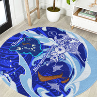 Chuuk Micronesian Roots Round Carpet Polynesian Tribal Pattern Hibiscus Flower And Stingray Art TS04 Blue White - Polynesian Pride