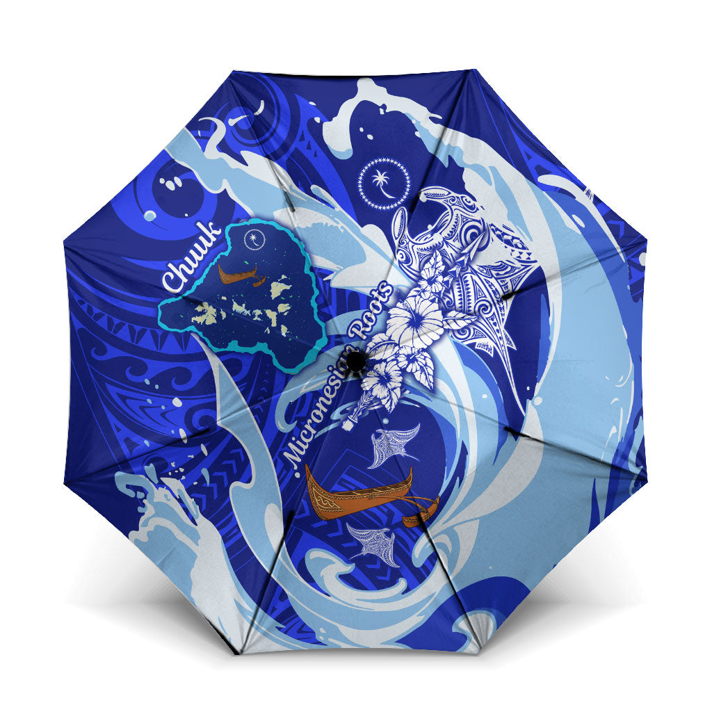 Chuuk Micronesian Roots Umbrella Polynesian Tribal Pattern Hibiscus Flower And Stingray Art TS04 One Size Folded 11.42 inch Opened Diameter 37.4 inch Blue White - Polynesian Pride