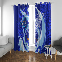 Chuuk Micronesian Roots Window Curtain Polynesian Tribal Pattern Hibiscus Flower And Stingray Art TS04 With Grommets Blue White - Polynesian Pride